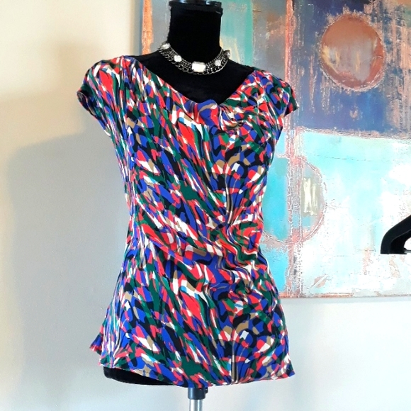 Michael Kors Bold Print Semi Sheer Blouse Draped Neckline Multi Color Size L - Picture 5 of 9